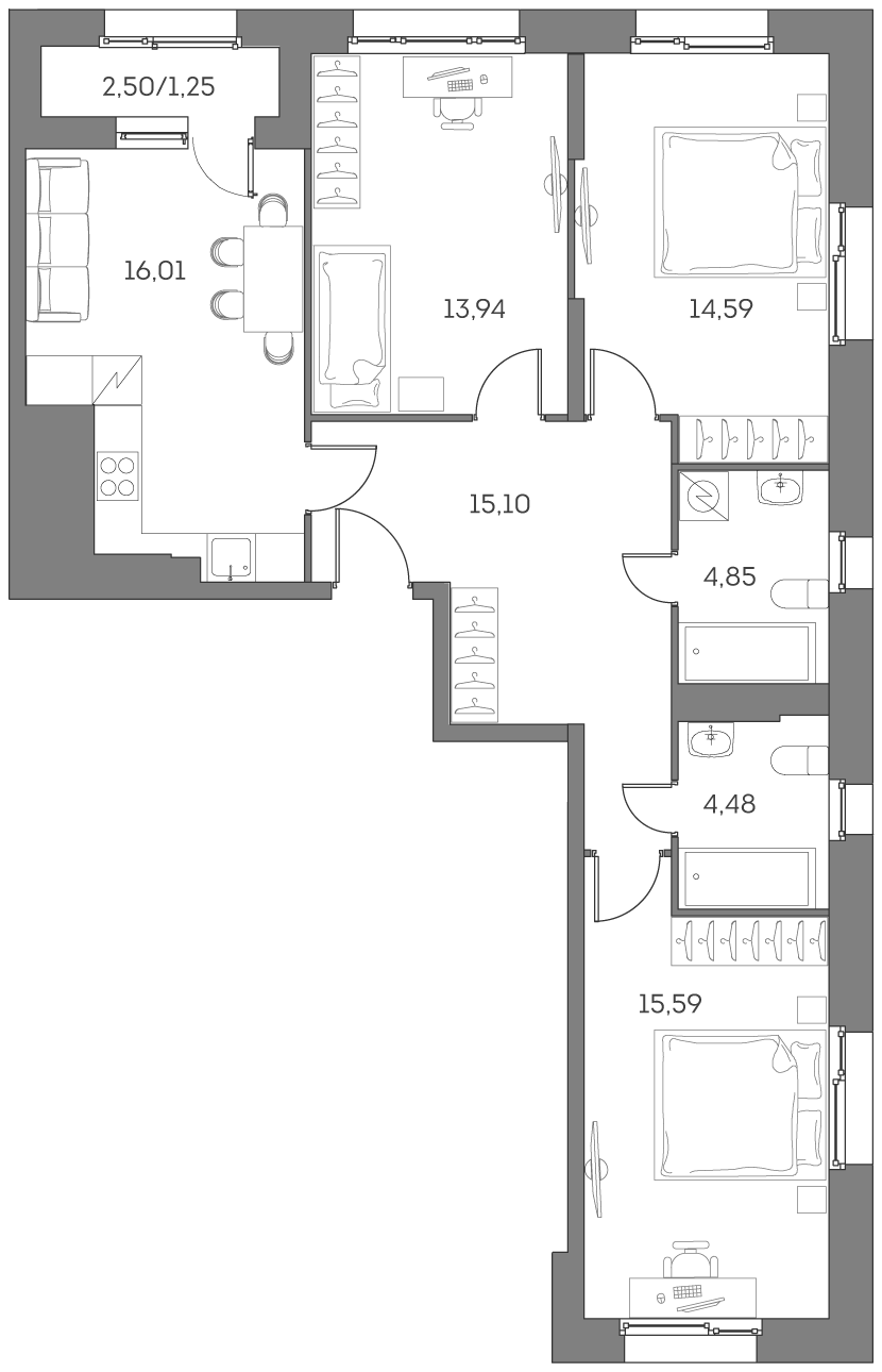 Планировка — Аквилон БИСАЙД 2.0, 4-комн., 85 м²