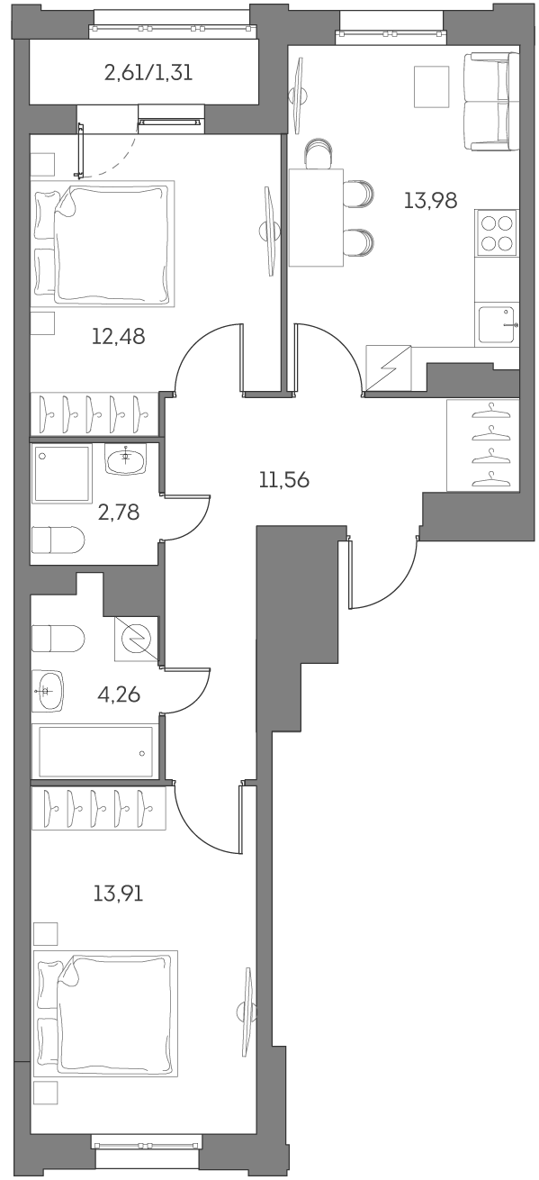 Планировка — Аквилон БИСАЙД 2.0, 2-комн., 58 м²