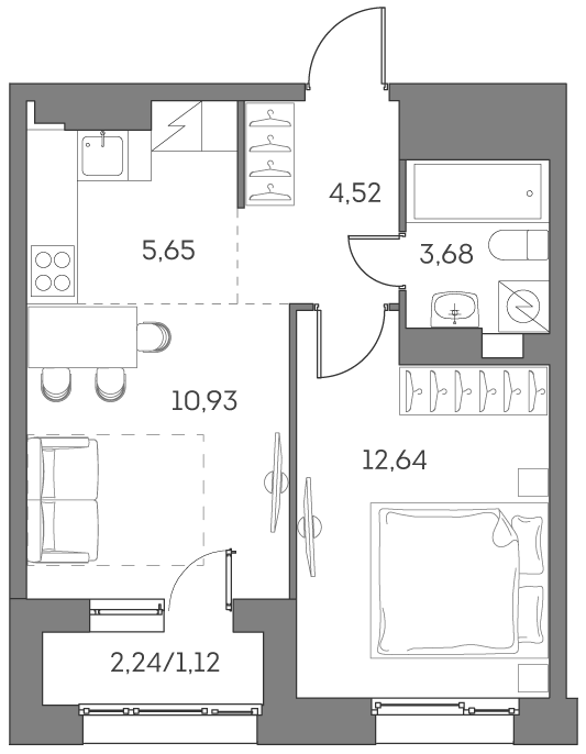 Планировка — Аквилон БИСАЙД 2.0, 2-комн., 37 м²