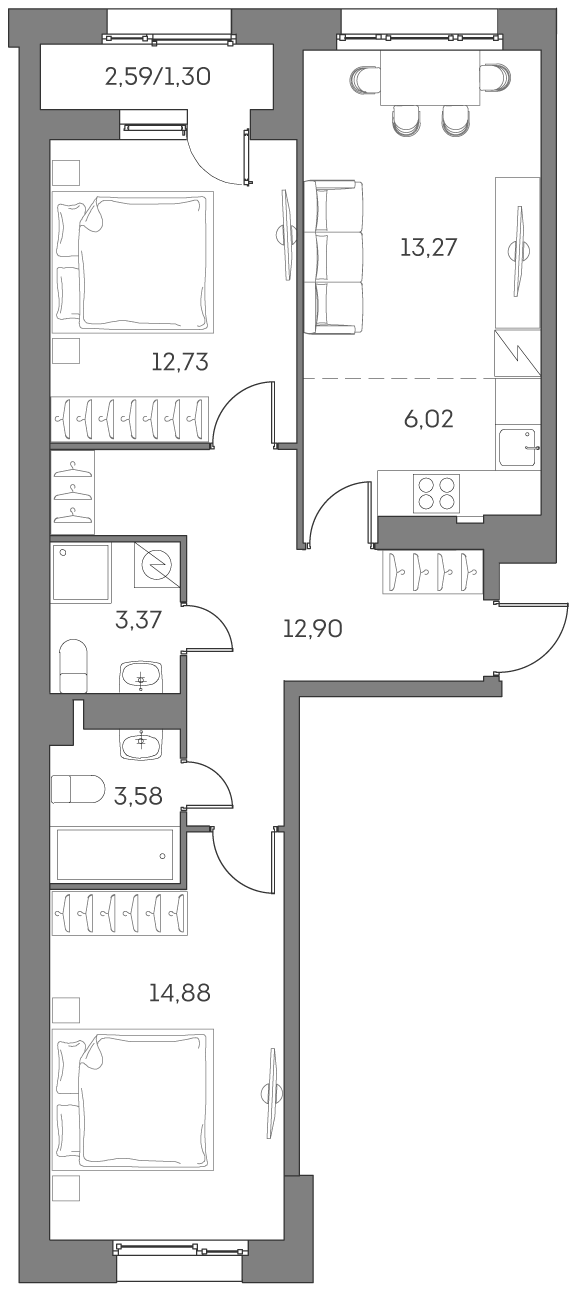 Планировка — Аквилон БИСАЙД 2.0, 3-комн., 67 м²