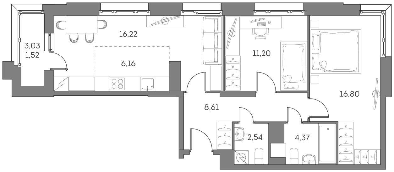Планировка — Аквилон БИСАЙД 2.0, 3-комн., 66 м²