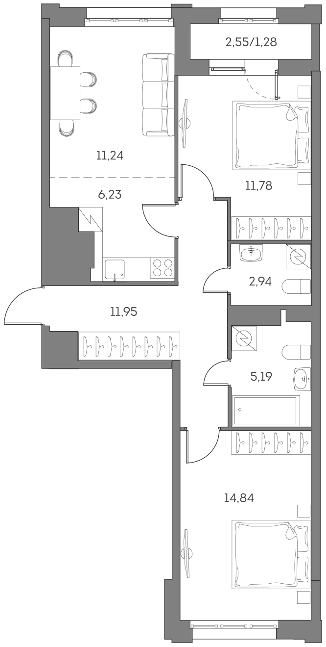 Планировка — Аквилон БИСАЙД 2.0, 3-комн., 64 м²