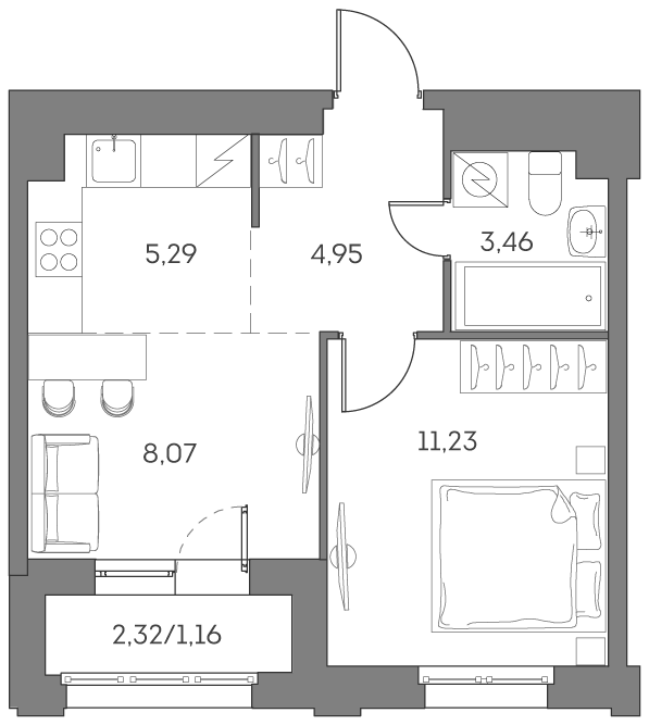 Планировка — Аквилон БИСАЙД 2.0, 2-комн., 33 м²