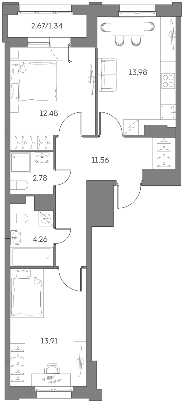 Планировка — Аквилон БИСАЙД 2.0, 2-комн., 59 м²