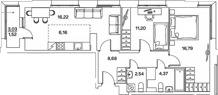 Планировка — Аквилон БИСАЙД 2.0, 3-комн., 66 м²