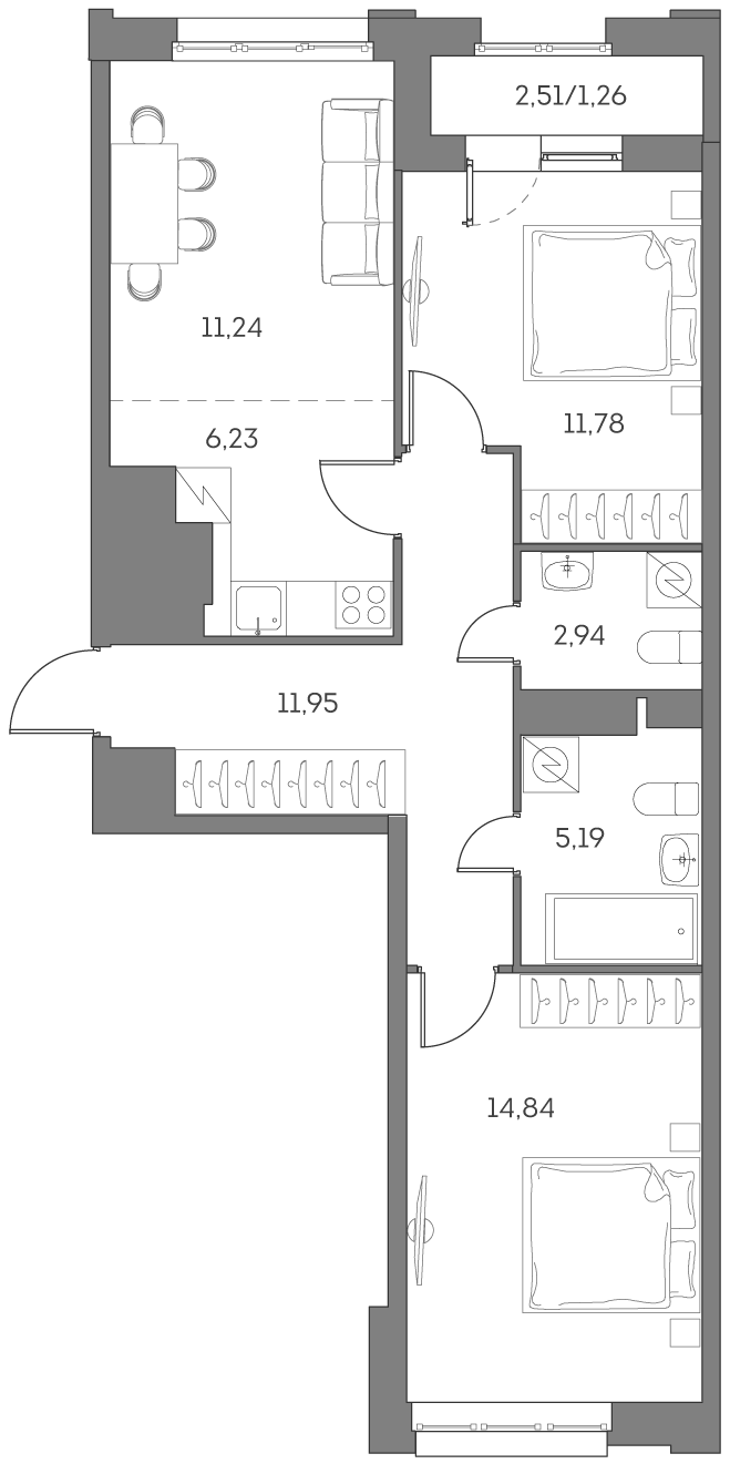 Планировка — Аквилон БИСАЙД 2.0, 3-комн., 64 м²