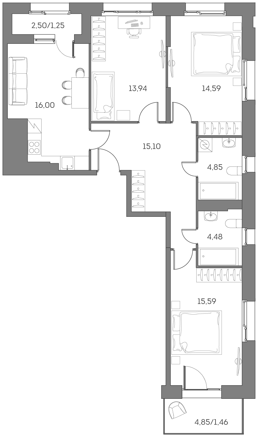 Планировка — Аквилон БИСАЙД 2.0, 4-комн., 85 м²