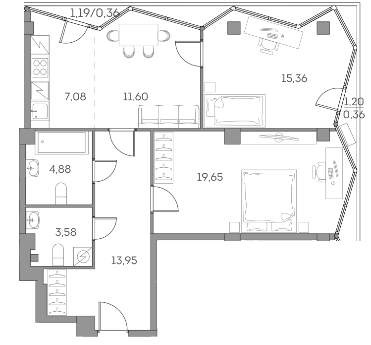 Планировка — Аквилон БИСАЙД 2.0, 3-комн., 76 м²