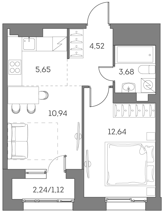 Планировка — Аквилон БИСАЙД 2.0, 2-комн., 37 м²