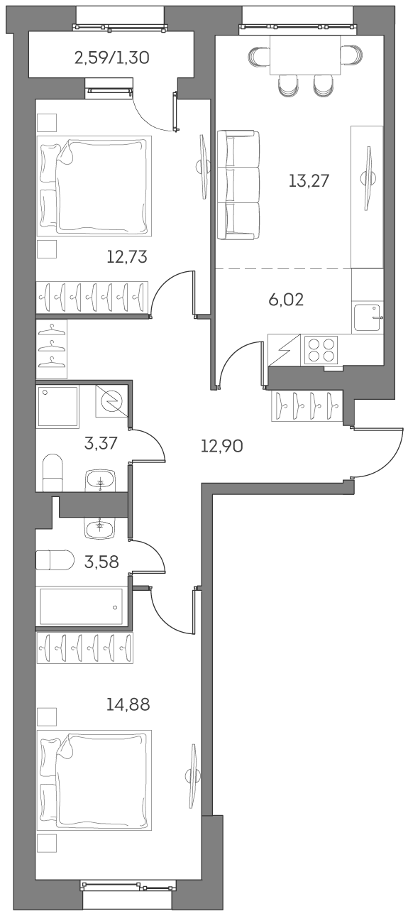 Планировка — Аквилон БИСАЙД 2.0, 3-комн., 67 м²