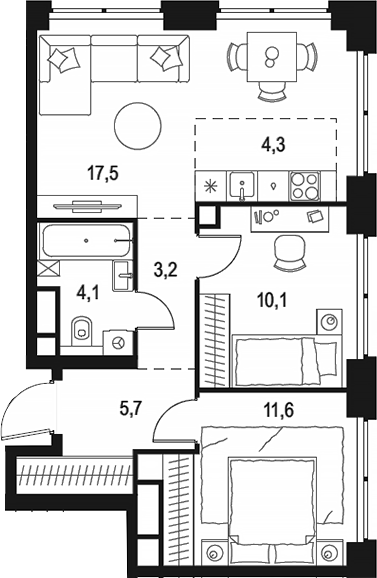 Планировка — Левел Звенигородская, 3-комн., 57 м²