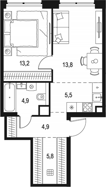 Планировка — Левел Звенигородская, 2-комн., 48 м²