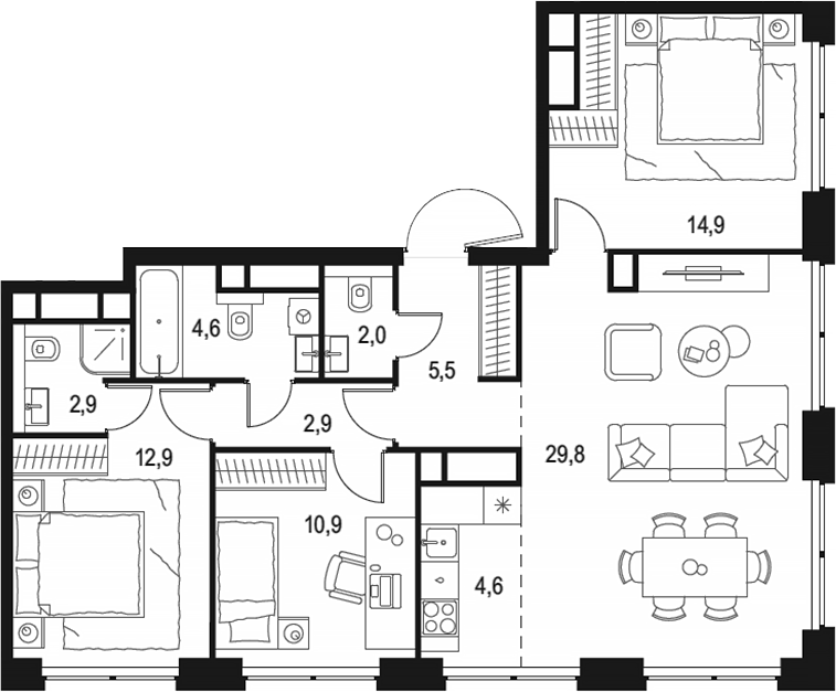 Планировка — Левел Звенигородская, 4-комн., 91 м²