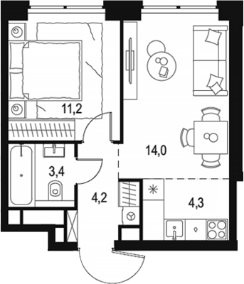 Планировка — Левел Звенигородская, 2-комн., 37 м²