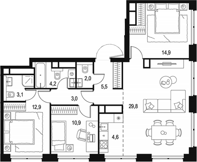 Планировка — Левел Звенигородская, 4-комн., 91 м²