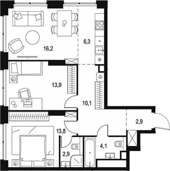 Планировка — Левел Звенигородская, 3-комн., 70 м²
