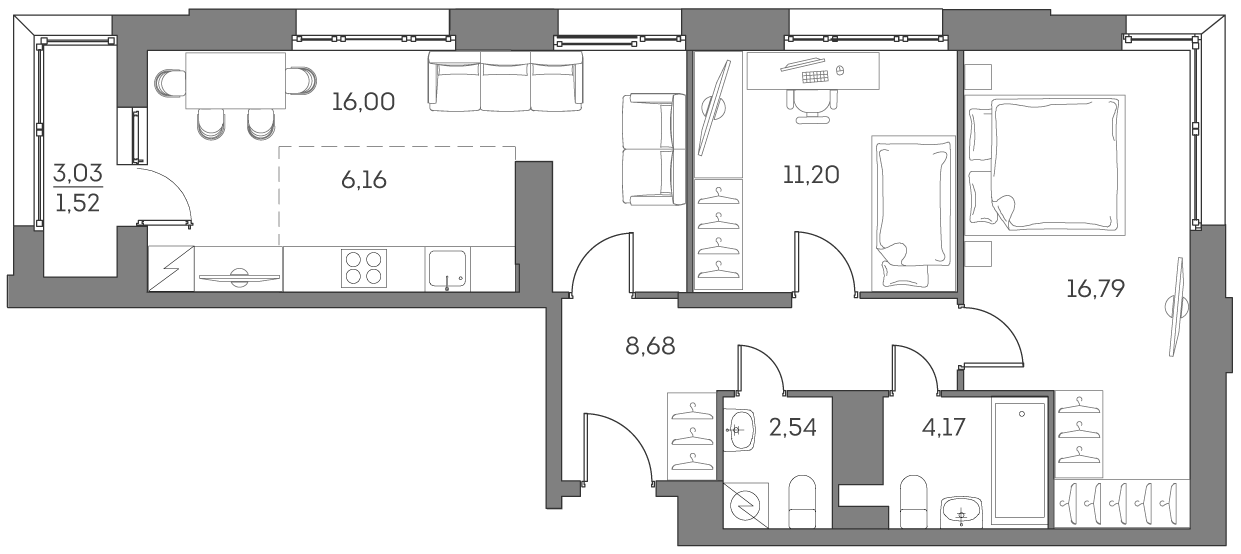 Планировка — Аквилон БИСАЙД 2.0, 3-комн., 66 м²