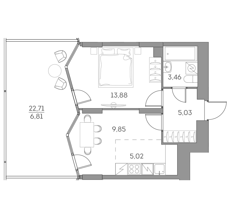 Планировка — Аквилон БИСАЙД 2.0, 2-комн., 37 м²