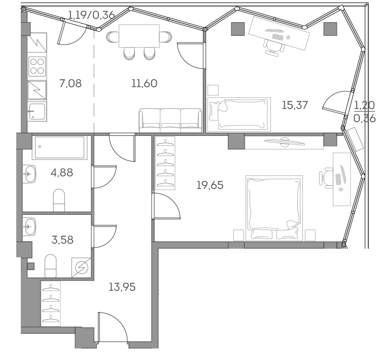 Планировка — Аквилон БИСАЙД 2.0, 3-комн., 76 м²