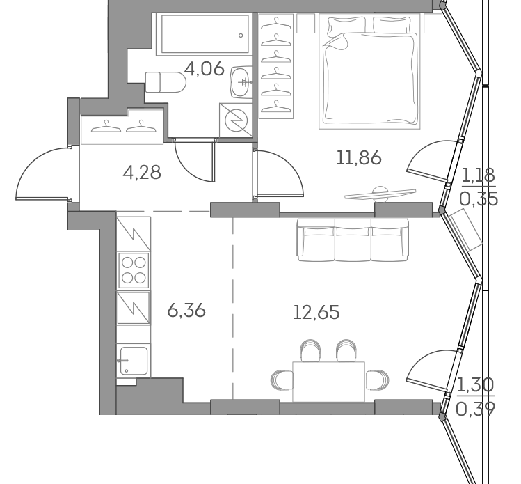 Планировка — Аквилон БИСАЙД 2.0, 2-комн., 39 м²