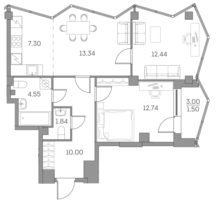 Планировка — Аквилон БИСАЙД 2.0, 3-комн., 62 м²