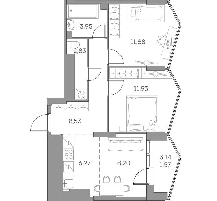 Планировка — Аквилон БИСАЙД 2.0, 3-комн., 53 м²