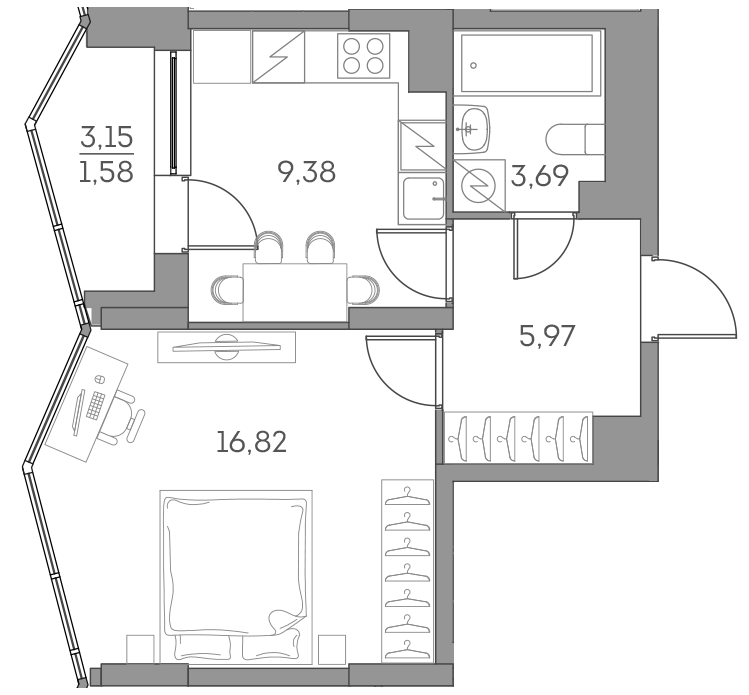 Планировка — Аквилон БИСАЙД 2.0, 1-комн., 36 м²