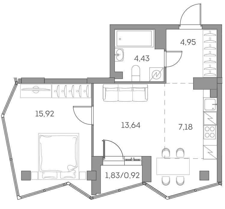 Планировка — Аквилон БИСАЙД 2.0, 2-комн., 46 м²