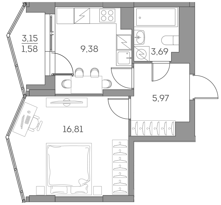 Планировка — Аквилон БИСАЙД 2.0, 1-комн., 36 м²