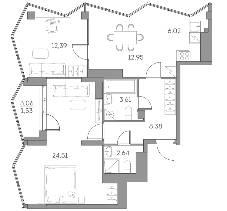 Планировка — Аквилон БИСАЙД 2.0, 3-комн., 71 м²