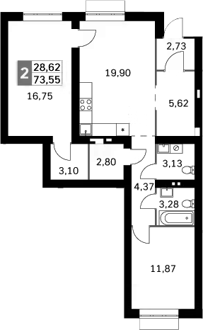 Планировка — Жаворонки Клаб, 3-комн., 74 м²