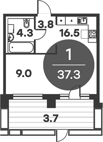 Планировка — Равновесие, 1-комн., 37 м²