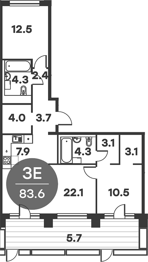 Планировка — Равновесие, 3-комн., 84 м²