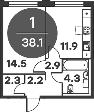 Планировка — Равновесие, 1-комн., 38 м²