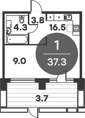 Планировка — Равновесие, 1-комн., 37 м²