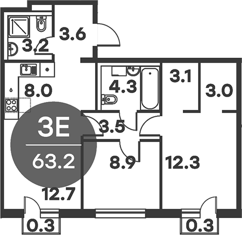 Планировка — Равновесие, 3-комн., 63 м²