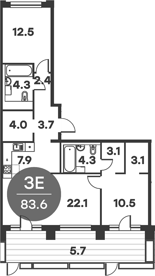 Планировка — Равновесие, 3-комн., 84 м²