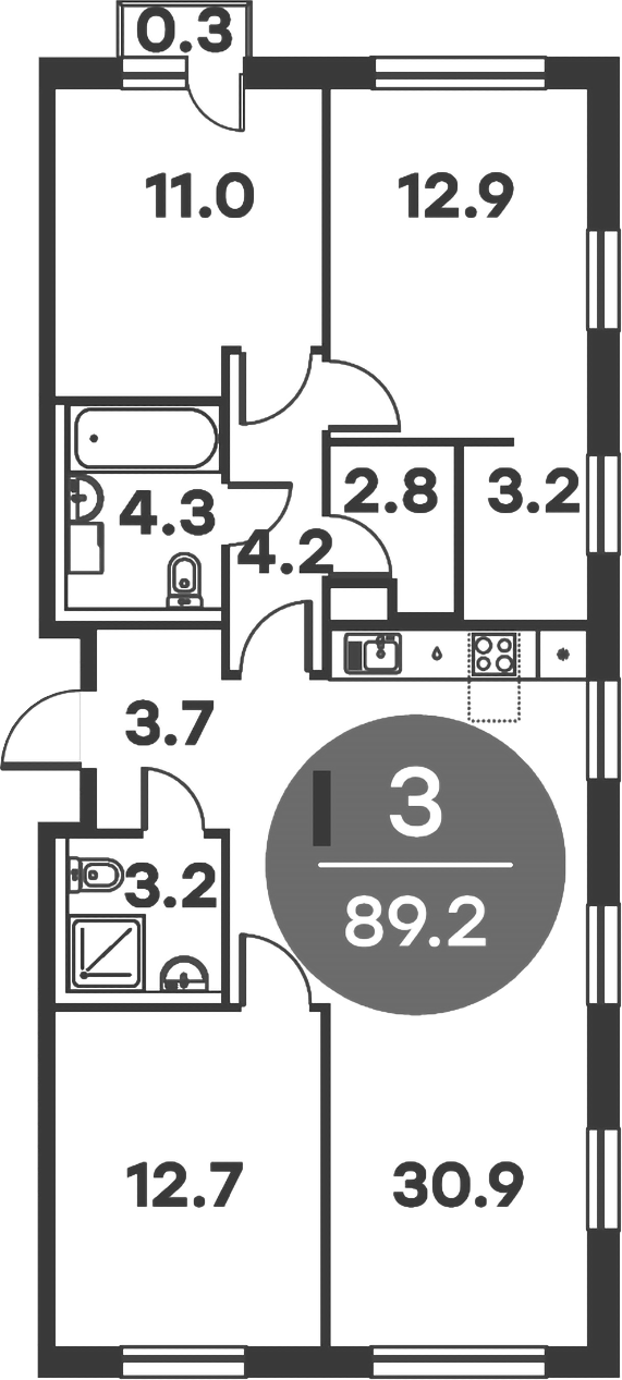 Планировка — Равновесие, 3-комн., 89 м²