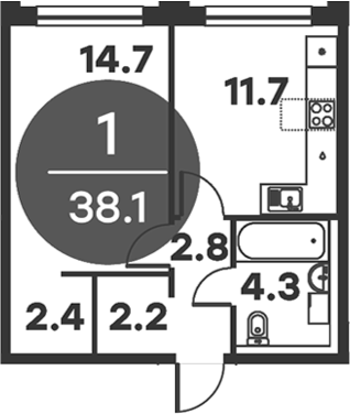 Планировка — Равновесие, 1-комн., 38 м²
