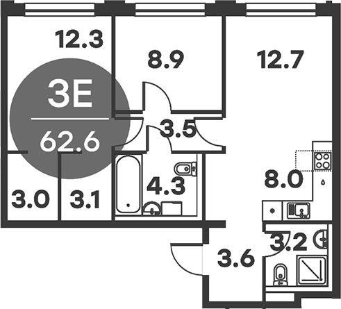 Планировка — Равновесие, 3-комн., 63 м²
