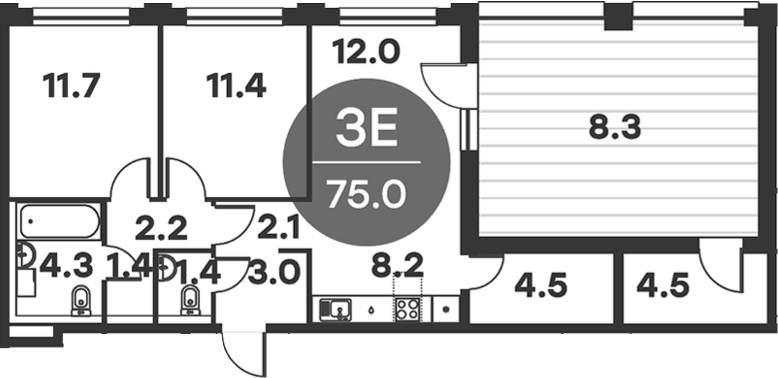 Планировка — Равновесие, 3-комн., 75 м²