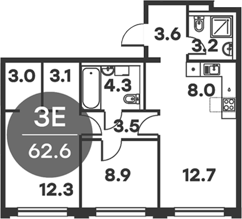 Планировка — Равновесие, 3-комн., 63 м²