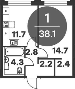 Планировка — Равновесие, 1-комн., 38 м²