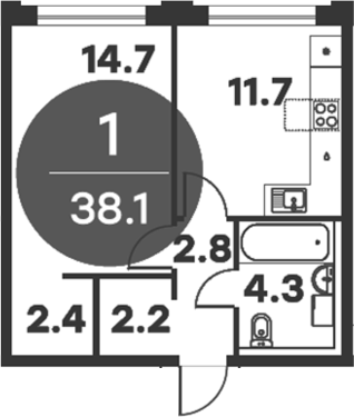 Планировка — Равновесие, 1-комн., 38 м²