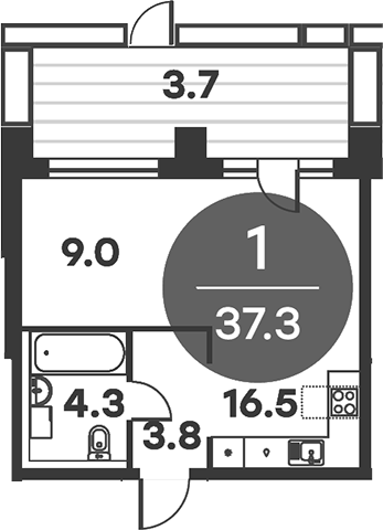 Планировка — Равновесие, 1-комн., 37 м²