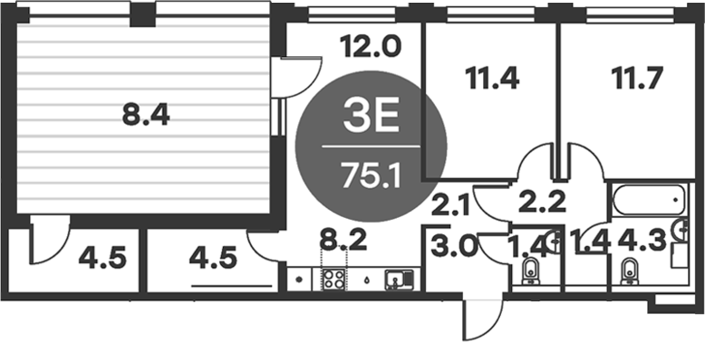 Планировка — Равновесие, 3-комн., 75 м²