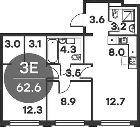 Планировка — Равновесие, 3-комн., 63 м²