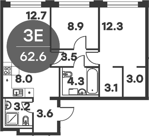 Планировка — Равновесие, 3-комн., 63 м²