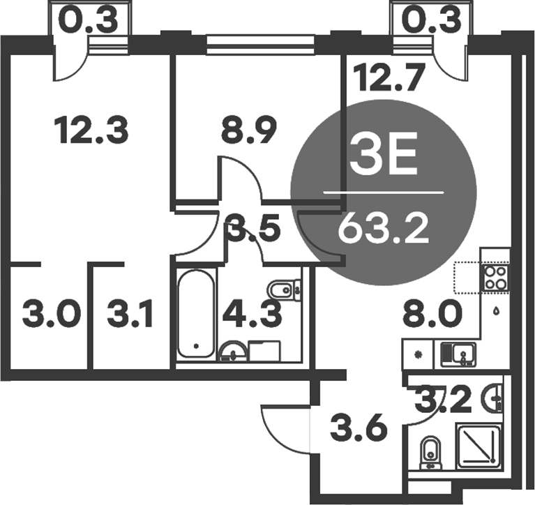 Планировка — Равновесие, 3-комн., 63 м²