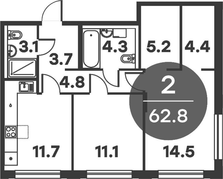 Планировка — Равновесие, 2-комн., 63 м²